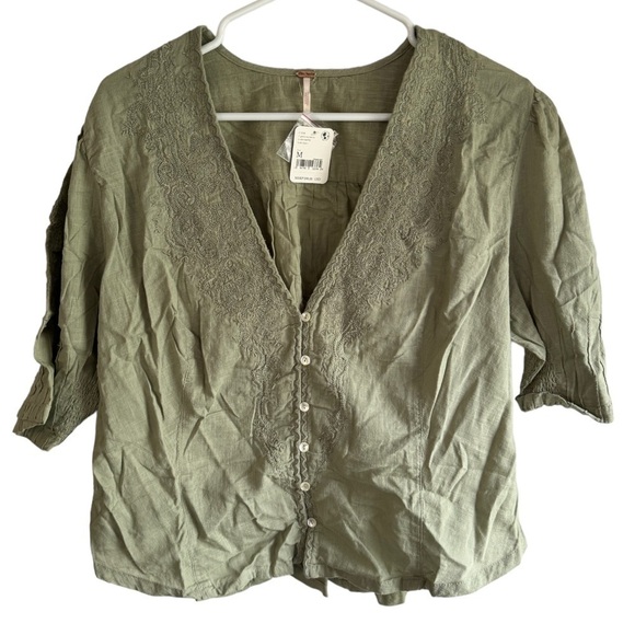 Free People Laurie Embroidered Top Medium Green - Picture 4 of 9